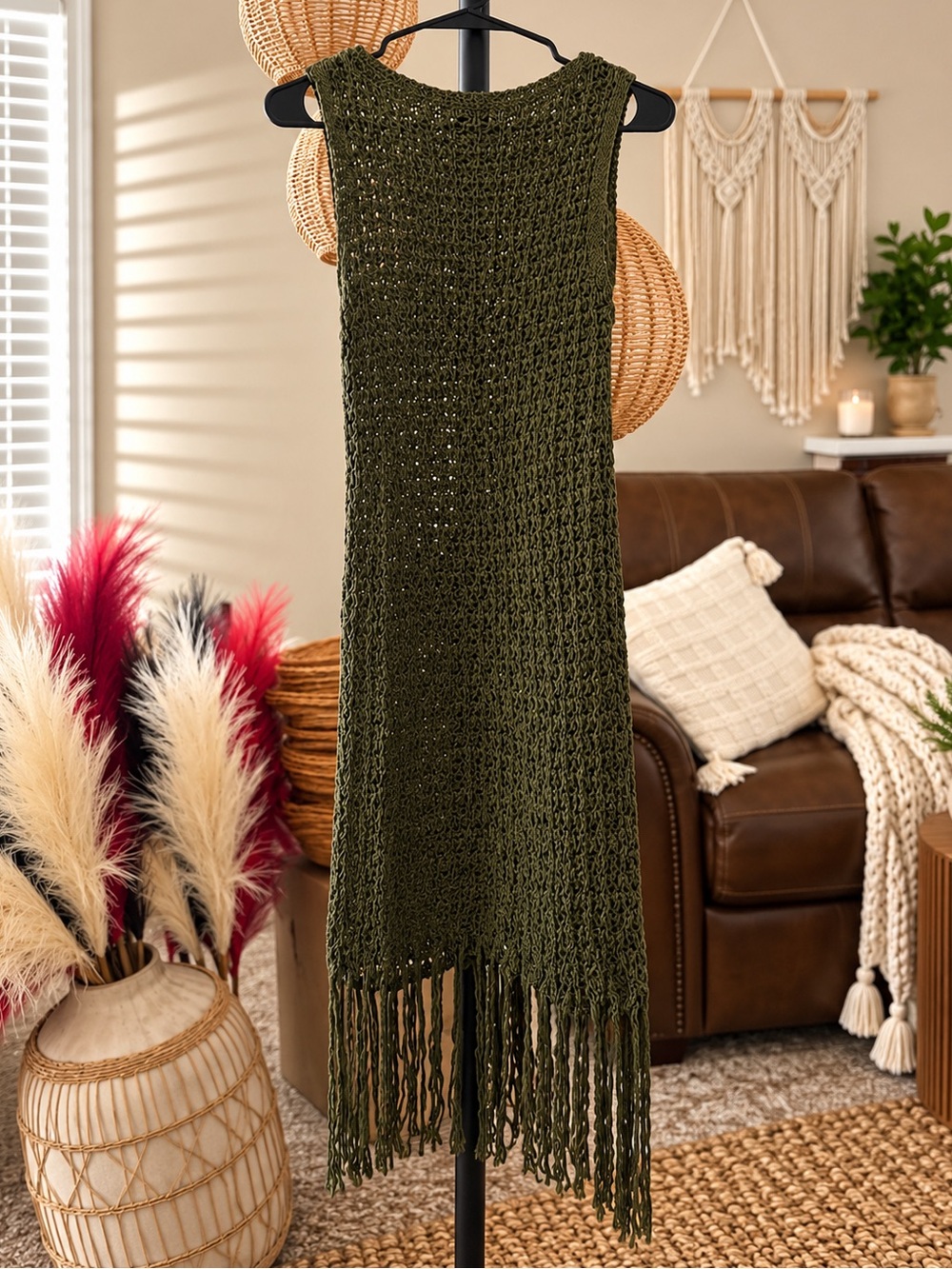 2 PrettyLittleThing Olive Crochet Boat Neck Tassel Mini Dress - Picture 7 of 10
